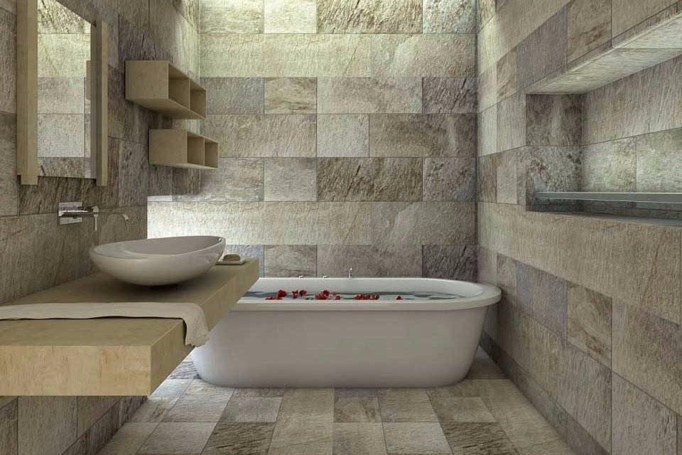 Penggunaan tekstur dan pola pada kamar mandi akan menambahkan kesan luas dan segar, contohnya menggunakan ubin putih tiga dimensi.