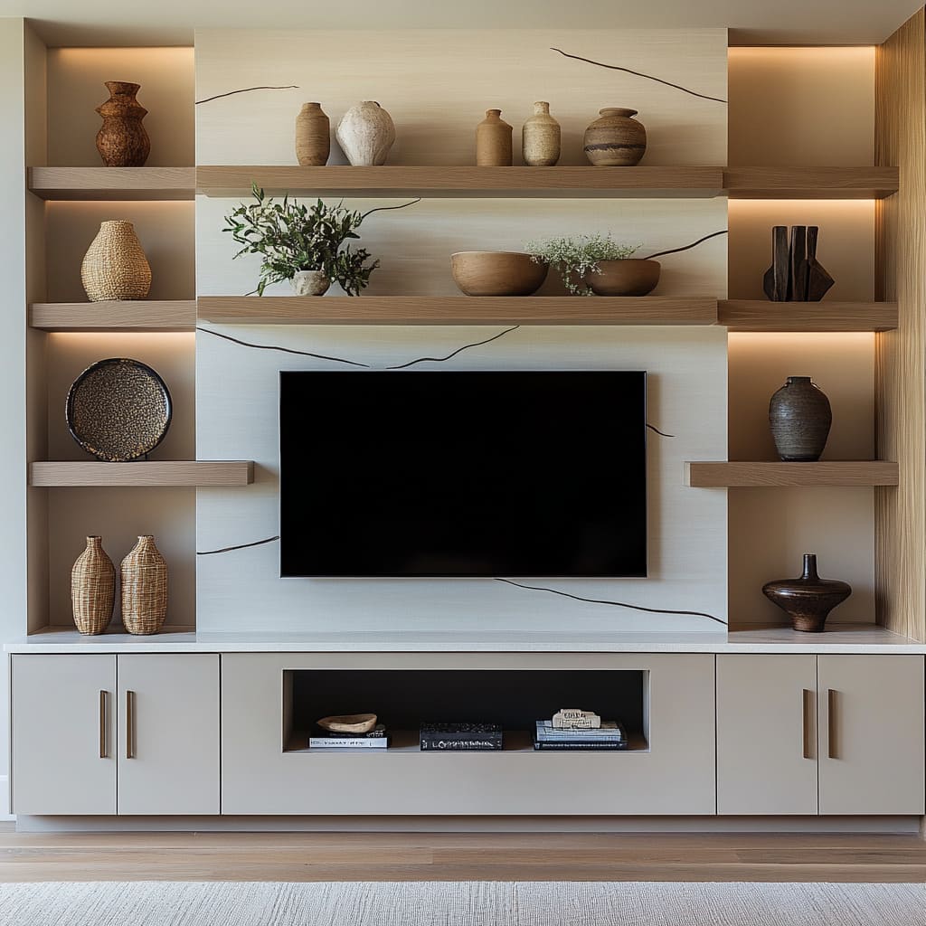 Backdrop tv dengan banyak rak kayu